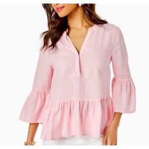 Lily Pulitzer Bekah Lenin Top Medium Pink 3/4 Bell Sleeve Ruffle Preppy Girly